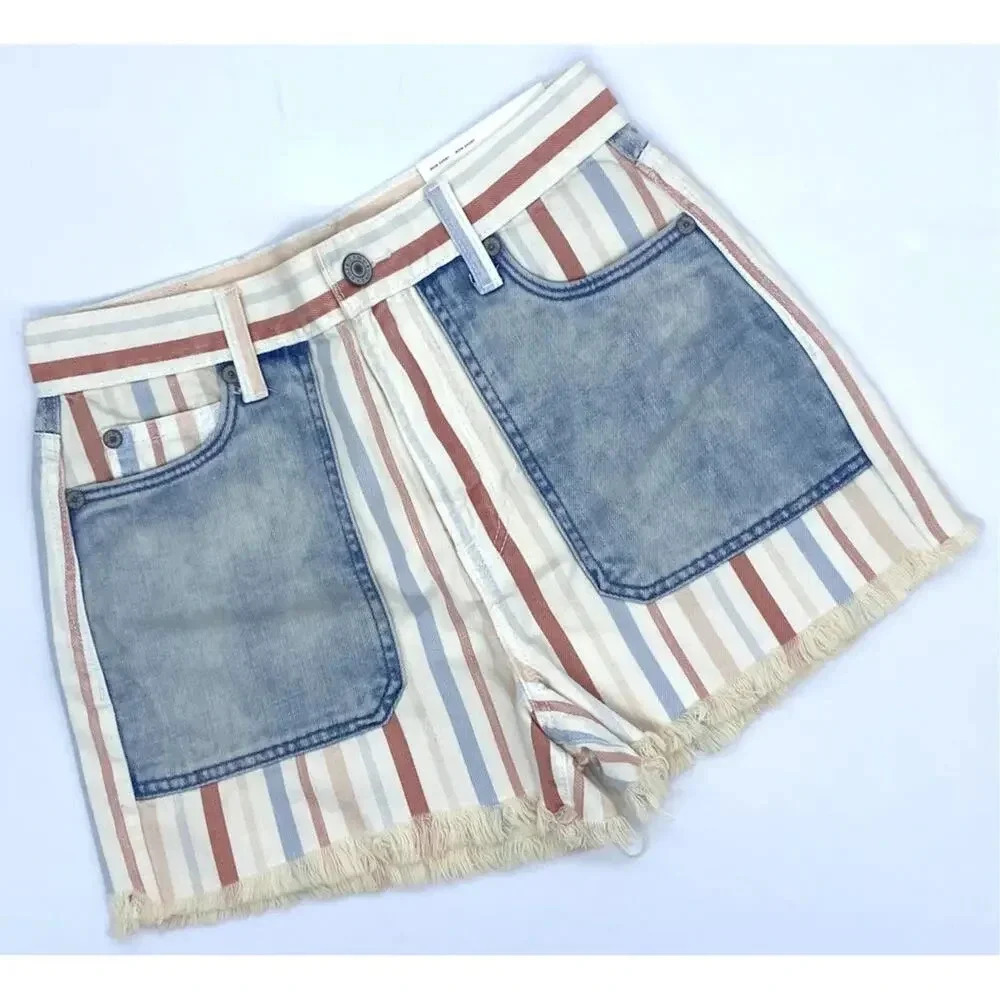 NWT American Eagle AE High Rise Mom Jean Shorts Denim Pastel Striped Raw Hem 4
